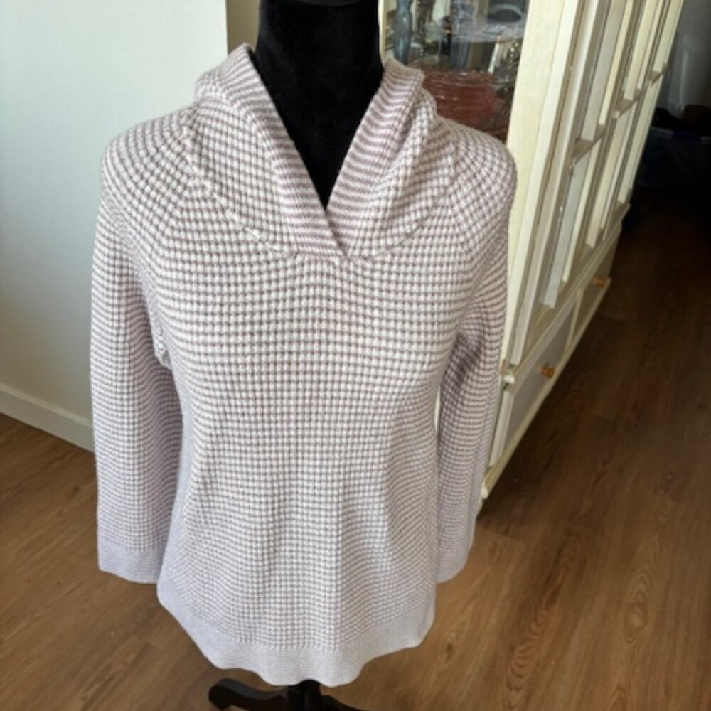 J Jill Pink Stripe Waffle Thermal Knit Hooded Pullover EUC M